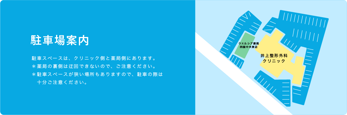 駐車場案内 駐車スペースは、クリニック側と薬局側にあります。